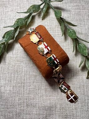 VINTAGE Gold Provincial Coat of Arms Shield Enamel Charm Bracelet